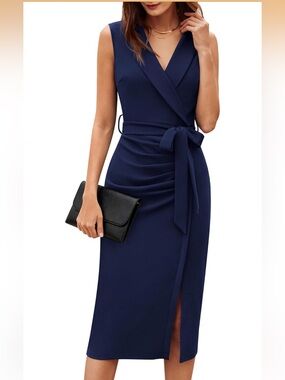 Grace Karin Navy Pencil Dress with Tie-Waist